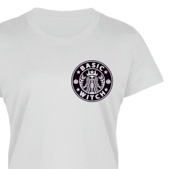 “Basic Witch”, Ladies White Fitted Tee, Sizes S-3X - Picture 3 of 6